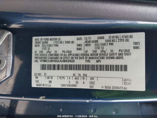 1FMCU9HD2JUB02922 Ford ESCAPE SEL