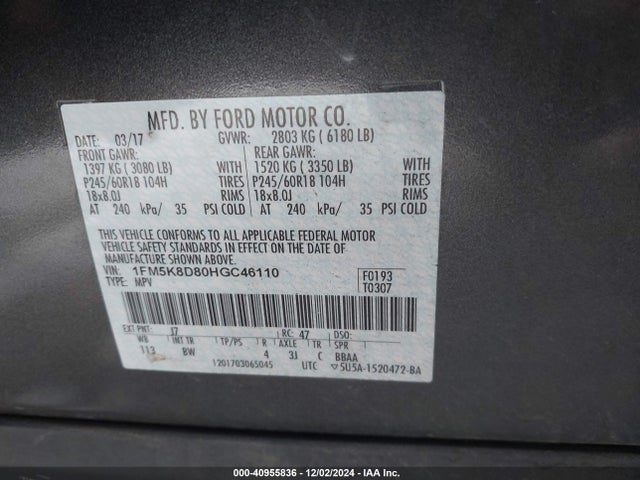 Ford EXPLORER XLT 2017 1FM5K8D80HGC46110 Image 9