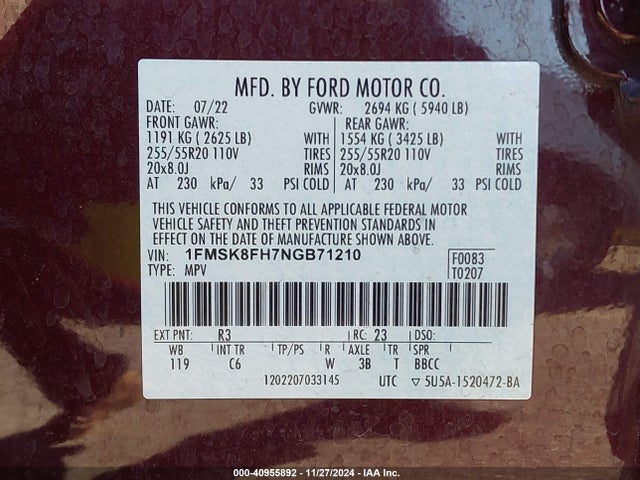 Ford Explorer Limited 2022 1FMSK8FH7NGB71210 Image 9