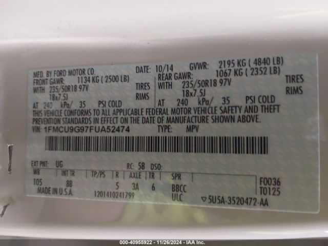 1FMCU9G97FUA52474 Ford ESCAPE SE