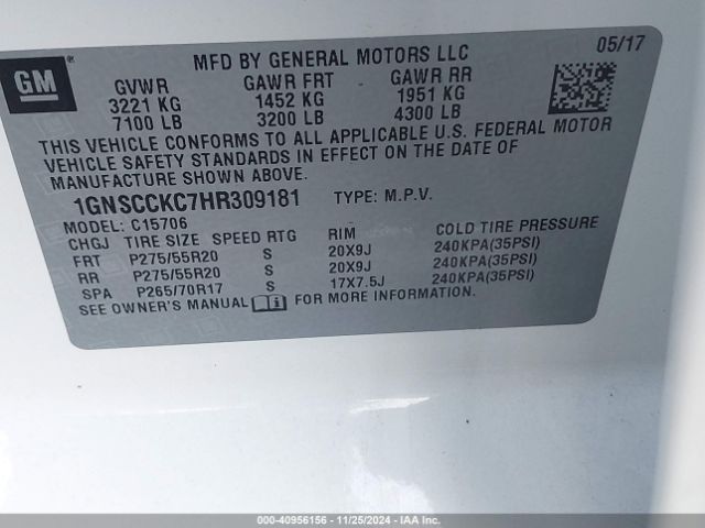 1GNSCCKC7HR309181 Chevrolet Tahoe Premier