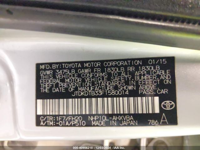 JTDKDTB33F1580014 Toyota Prius C One