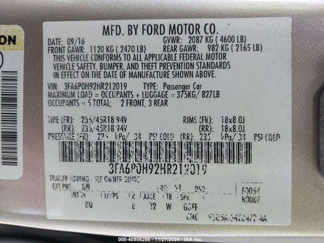 Ford FUSION SE 2017 3FA6P0H92HR212019 Image 9
