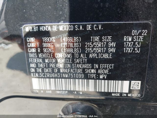 3CZRU6H31NM751099 Honda Hr-v Awd Lx