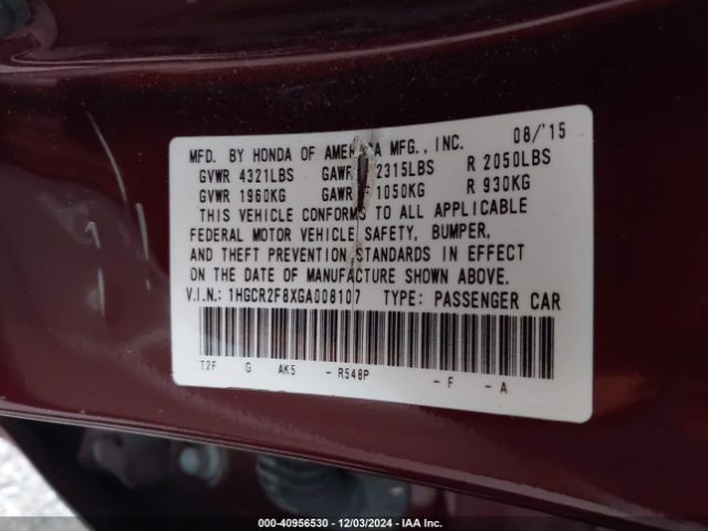 1HGCR2F8XGA008107 Honda Accord Ex-l