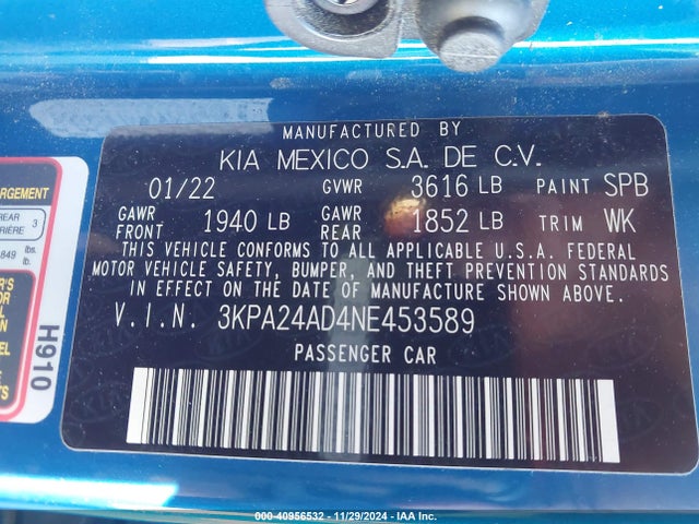 3KPA24AD4NE453589 KIA RIO S