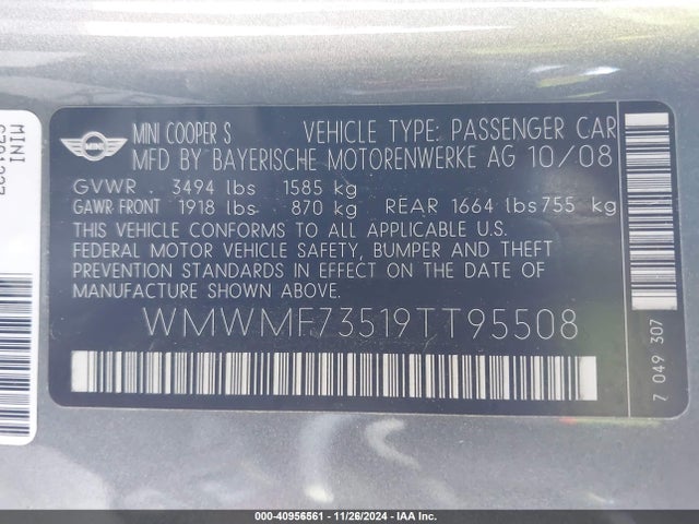 2009 MINI COOPER S WMWMF73519TT95508 Photo 8