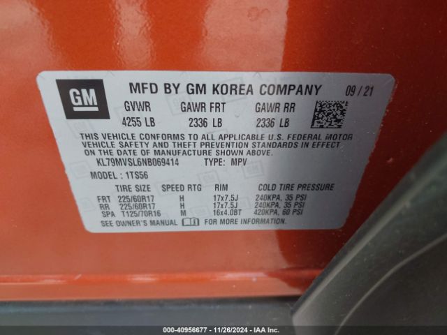KL79MVSL6NB069414 Chevrolet Trailblazer Fwd Activ