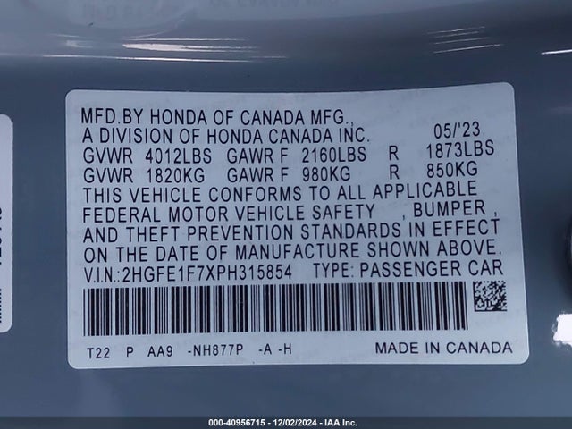Honda Civic Ex /ex W/o Bsi 2023 2HGFE1F7XPH315854 Image 9