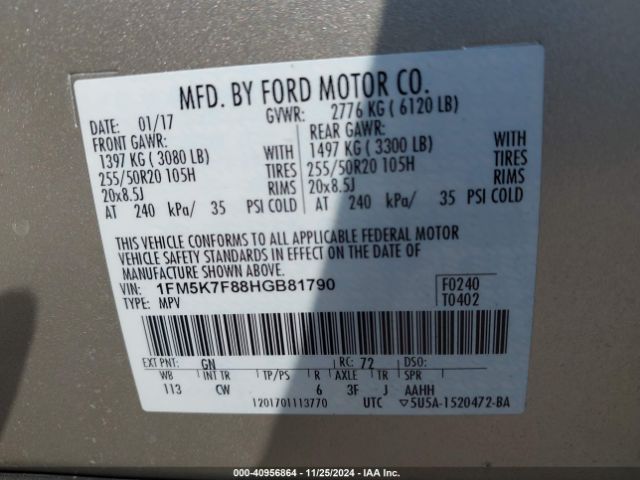 1FM5K7F88HGB81790 Ford Explorer Limited