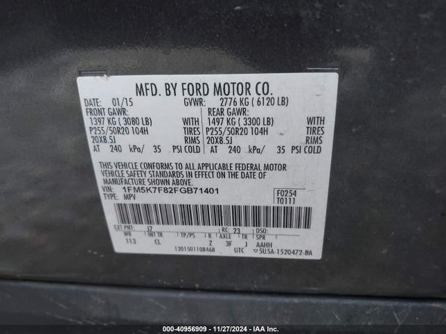 1FM5K7F82FGB71401 Ford Explorer Limited