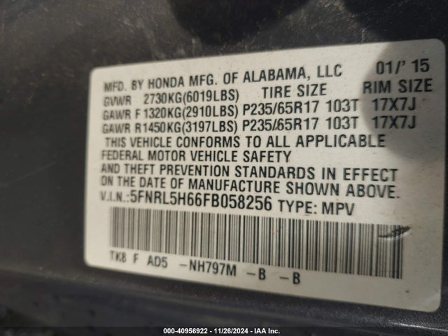 Honda Odyssey Ex-l 2015 5FNRL5H66FB058256 Image 9