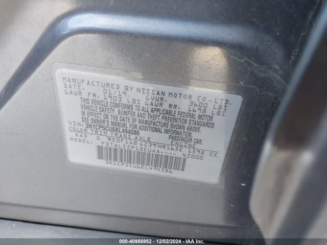 3N1CP5CU6KL494586 Nissan KICKS SV