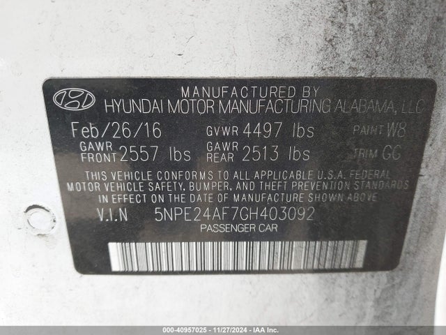 Hyundai Sonata 2016 5NPE24AF7GH403092 Image 9