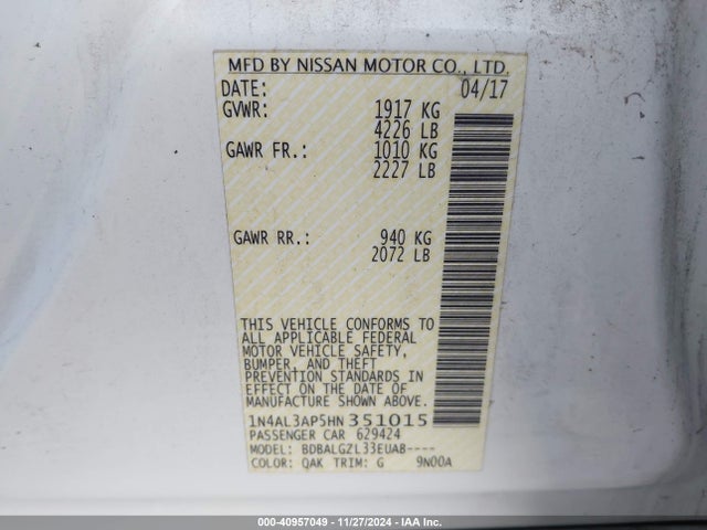 Nissan Altima 2.5 S 2017 1N4AL3AP5HN351015 Image 9