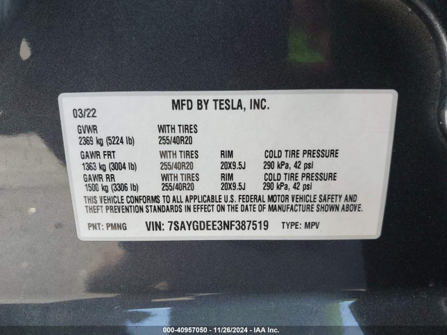2022 TESLA MODEL Y 7SAYGDEE3NF387519 Photo 8
