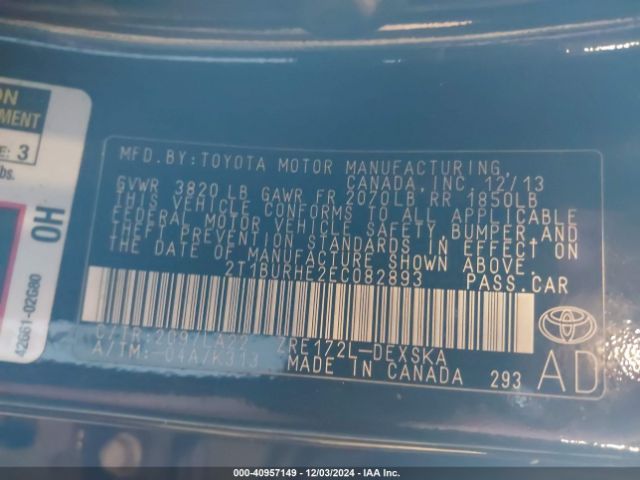 2T1BURHE2EC082893 Toyota Corolla S Premium