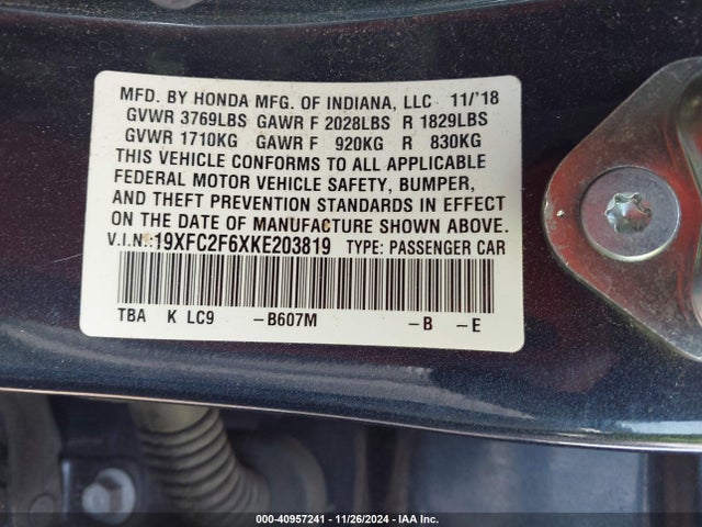 2019 HONDA CIVIC 19XFC2F6XKE203819 Photo 8