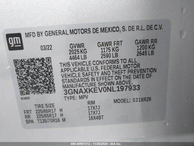 3GNAXKEV0NL197933 Chevrolet Equinox Fwd Lt