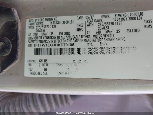 1FTFW1EG3HKD70105 Ford F-150 Lariat