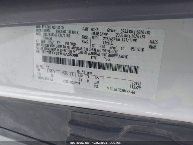 1FTYE1Y87MKA35309 Ford Transit-150 Cargo Van