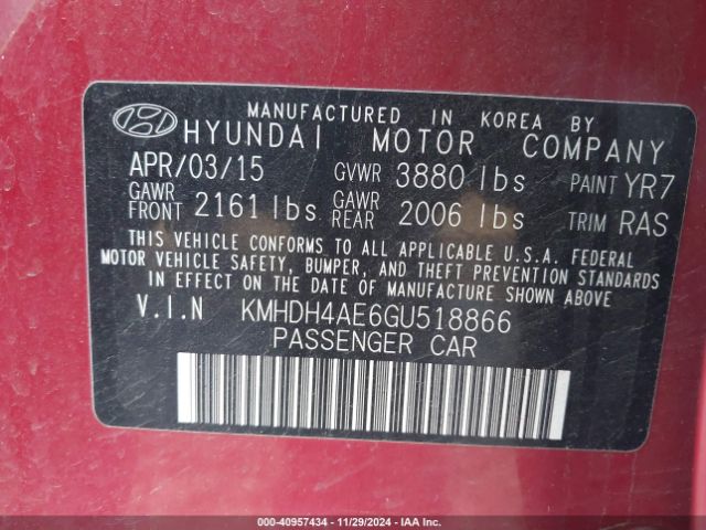 KMHDH4AE6GU518866 Hyundai ELANTRA SE