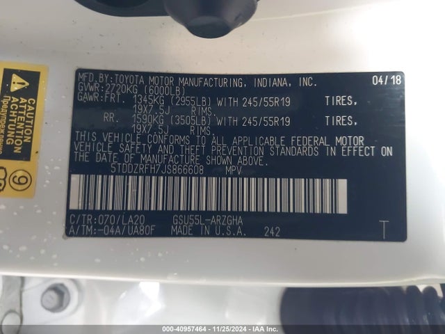 5TDDZRFH7JS866608 Toyota Highlander Limited