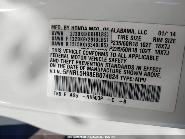 5FNRL5H98EB074824 Honda Odyssey Touring/touring Elite