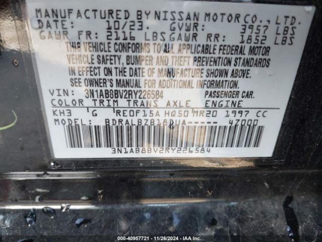 3N1AB8BV2RY226584 Nissan Sentra S Xtronic Cvt