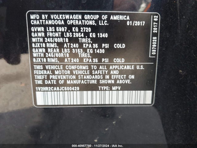 1V2HR2CA8JC500429 Volkswagen Atlas 3.6l V6 Launch Edition