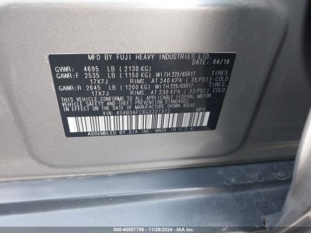 4S4BSAFC6G3327372 Subaru Outback 2.5i Premium