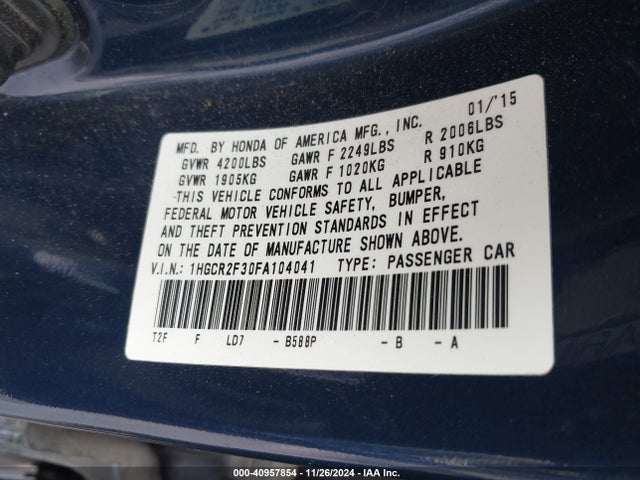 Honda ACCORD LX 2015 1HGCR2F30FA104041 Image 9