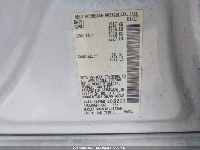 Nissan Altima 2.5 Sl 2017 1N4AL3AP9HC188221 Image 9