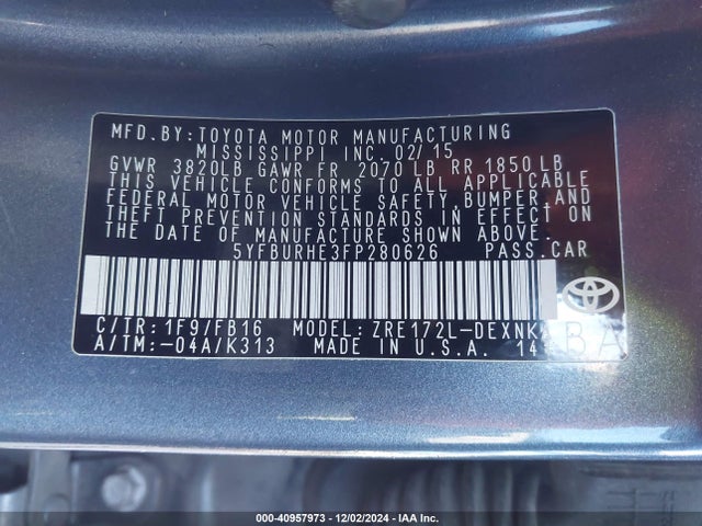 Toyota COROLLA LE 2015 5YFBURHE3FP280626 Image 9