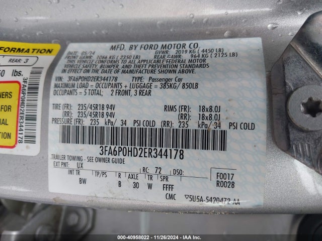 Ford FUSION SE 2014 3FA6P0HD2ER344178 Image 9