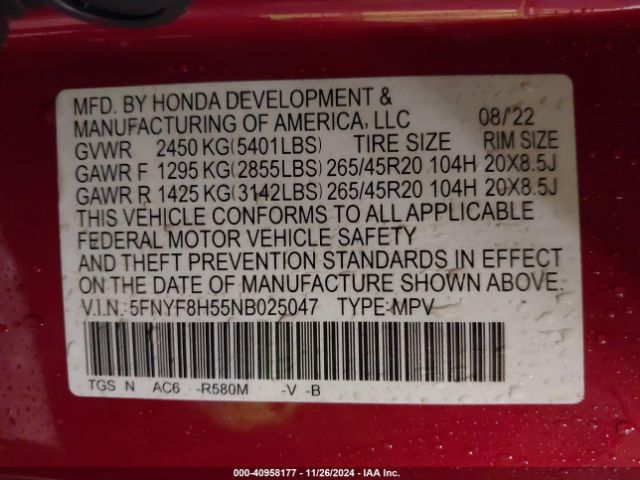 5FNYF8H55NB025047 Honda Passport Awd Ex-l