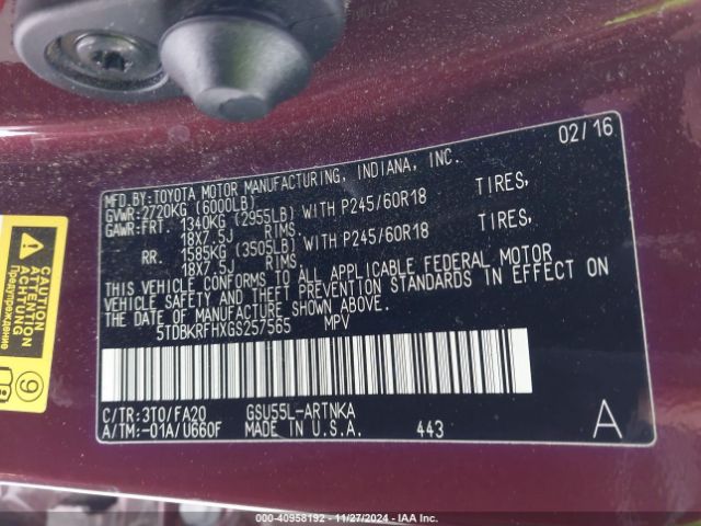 5TDBKRFHXGS257565 Toyota Highlander Le Plus V6