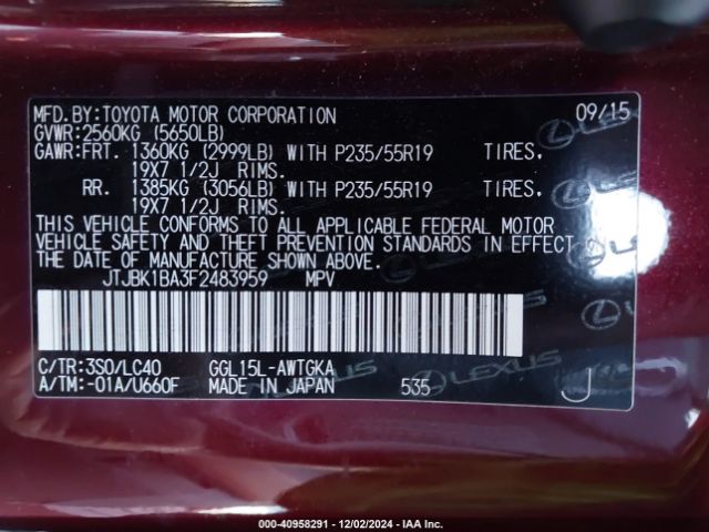 JTJBK1BA3F2483959 Lexus RX 350
