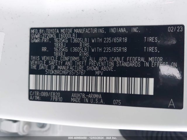 5TDKBRCH6PS575767 Toyota Highlander Hybrid Xle