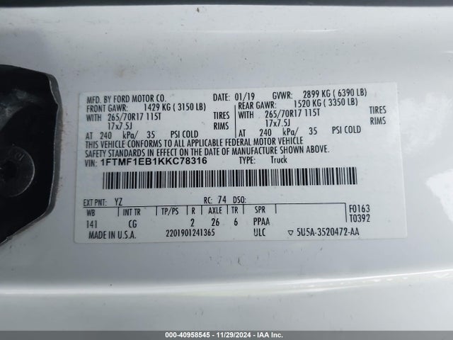 Ford F-150 Xl 2019 1FTMF1EB1KKC78316 Image 9