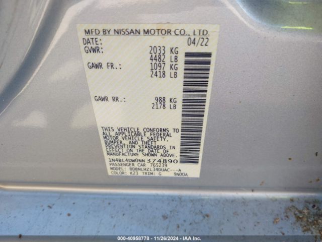 1N4BL4DW0NN374890 Nissan Altima Sv Intelligent Awd
