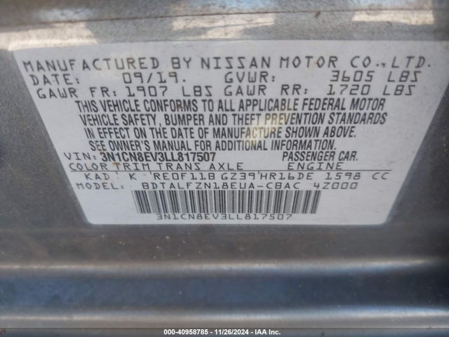 Nissan Versa Sv Xtronic Cvt 2020 3N1CN8EV3LL817507 Image 9