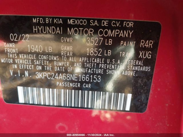 3KPC24A68NE166153 Hyundai Accent Sel