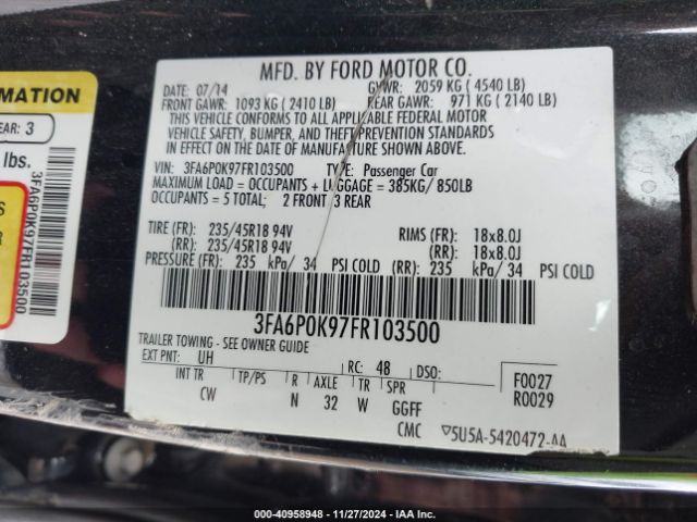 3FA6P0K97FR103500 Ford Fusion Titanium
