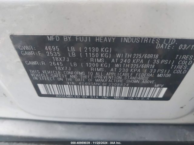4S4BSANC8F3308824 Subaru Outback 2.5i Limited