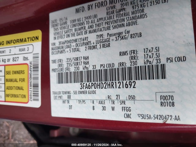 Ford FUSION SE 2017 3FA6P0HD2HR121692 Image 9