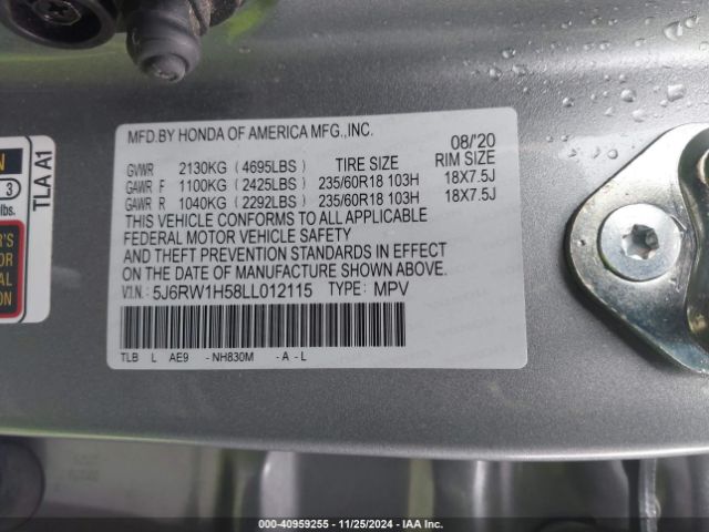 5J6RW1H58LL012115 Honda Cr-v 2wd Ex