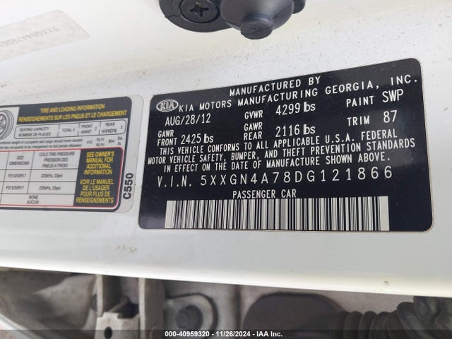 Aukcja sprzedaży 2013 Kia Optima Ex, vin: 5XXGN4A78DG121866, numer aukcji: 40959320