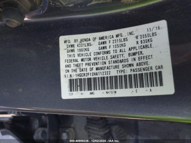 1HGCR2F12HA112322 Honda Accord Sport Se