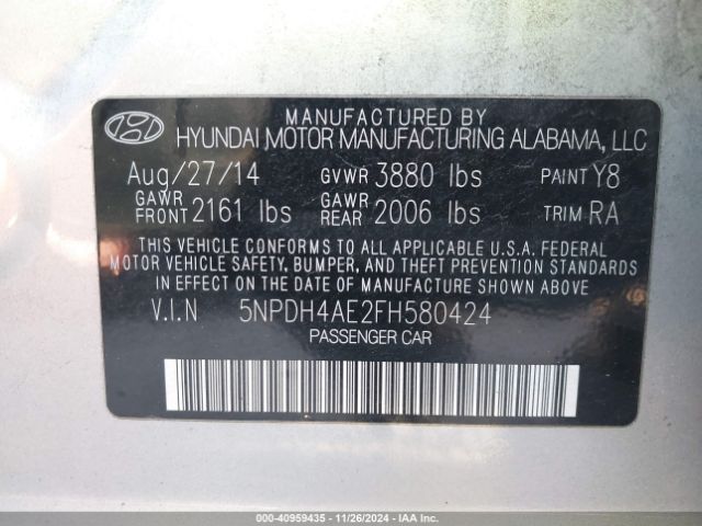 5NPDH4AE2FH580424 Hyundai ELANTRA SE